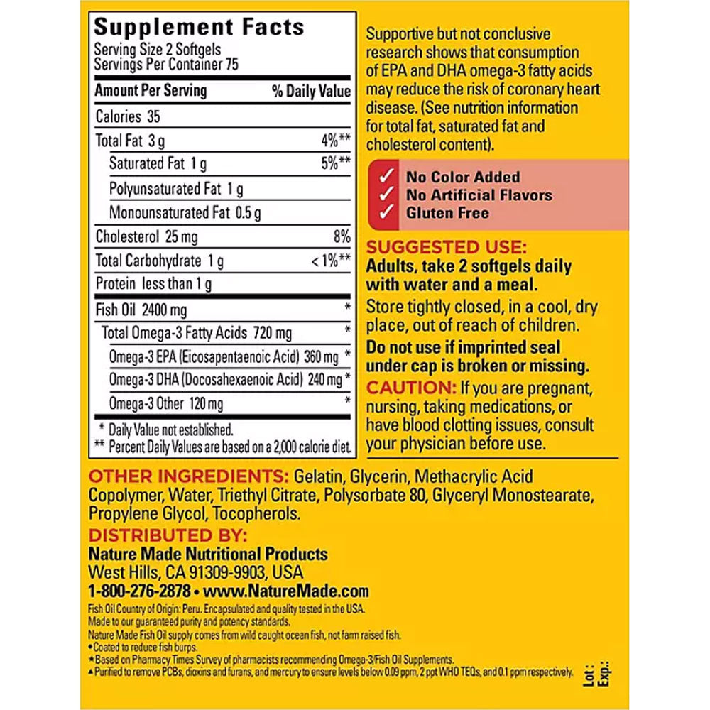 Nature Made Burp-Less Fish Oil 1,200 mg. Softgels for Heart Health (2 pk., 150 ct./pk.)