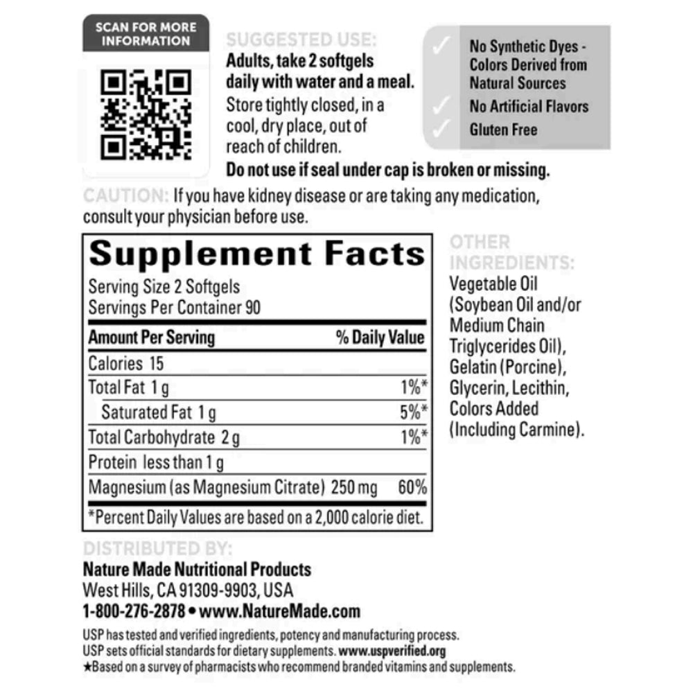 Nature Made Magnesium Citrate 250 mg., 180 Softgels