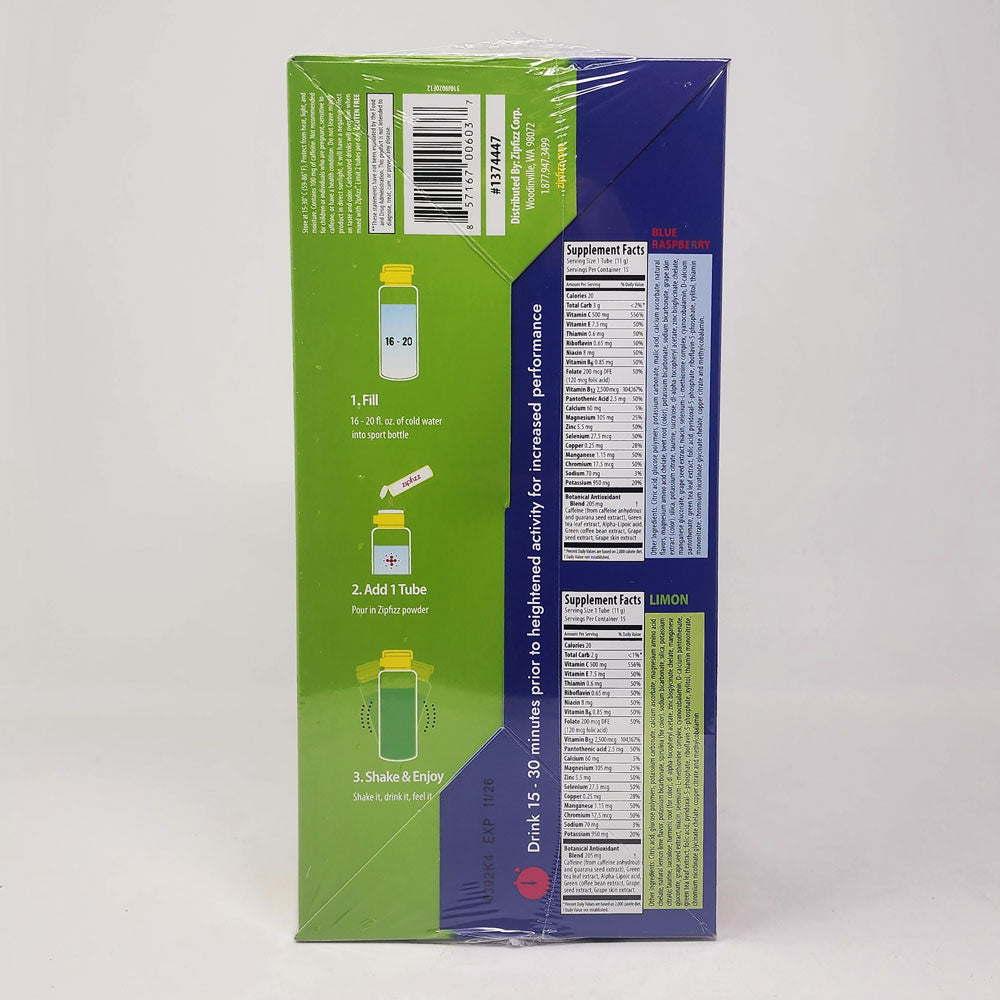 ZipFizz Energy Drink Mix 30 Tubes Split Box Límon & Blue Raspberry