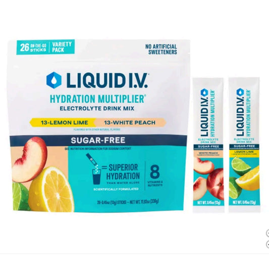 Liquid I.V. Hydration Multiplier, 13-Lemon Lime, 13-White Peach, 26 Individual Serving Stick Packs in Resealable Pouch, Sugar Free, Variety Pack