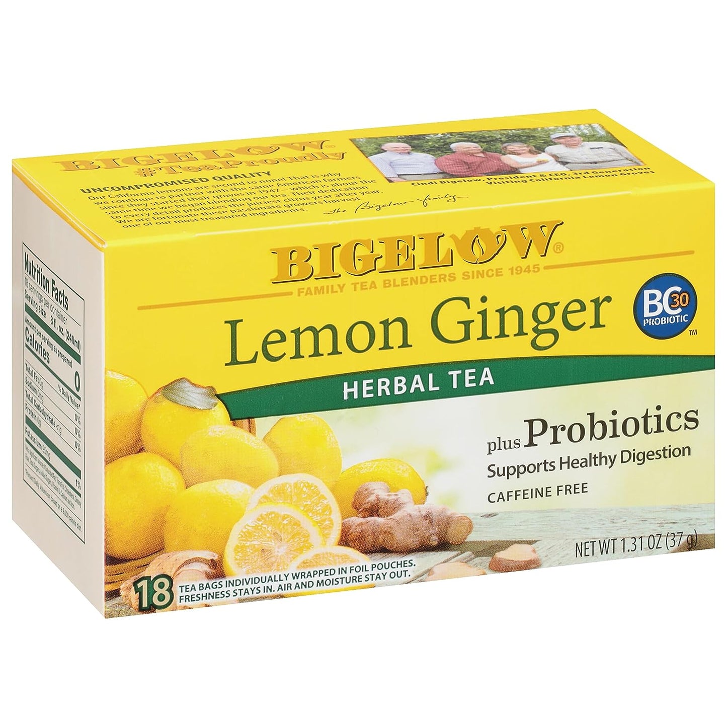 Bigelow Tea Lemon Ginger plus Probiotics Herbal Tea, Caffeine Free Tea with Lemon and Ginger, 18 Count Box