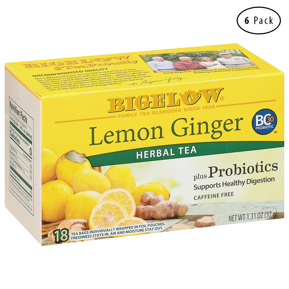 Bigelow Tea Lemon Ginger plus Probiotics Herbal Tea, Caffeine Free Tea with Lemon and Ginger, 18 Count Box (Pack of 6), 108 Total Tea Bags