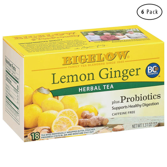 Bigelow Tea Lemon Ginger plus Probiotics Herbal Tea, Caffeine Free Tea with Lemon and Ginger, 18 Count Box (Pack of 6), 108 Total Tea Bags