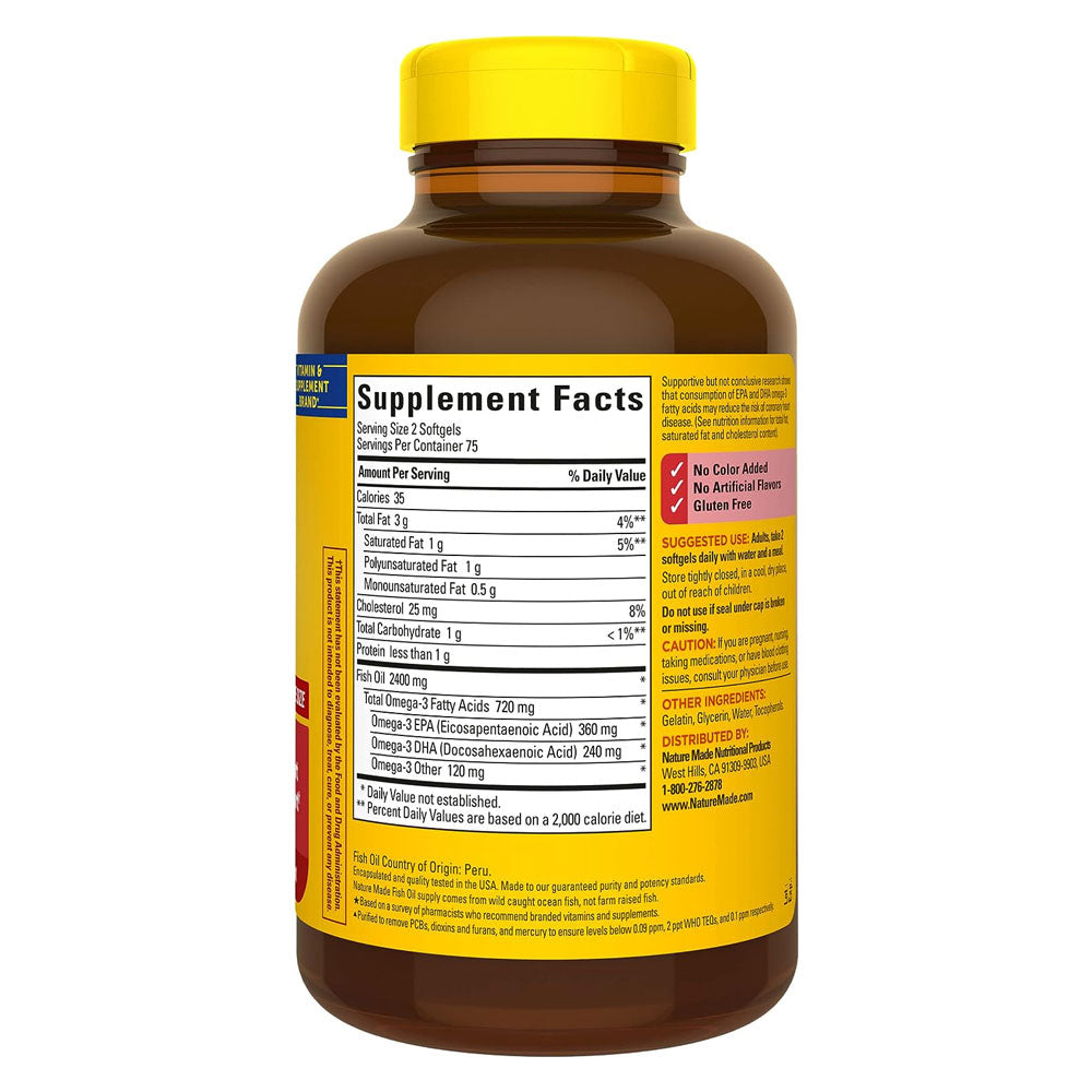Nature Made Burp-Less Fish Oil 1,200 mg. Softgels for Heart Health 150 ct.