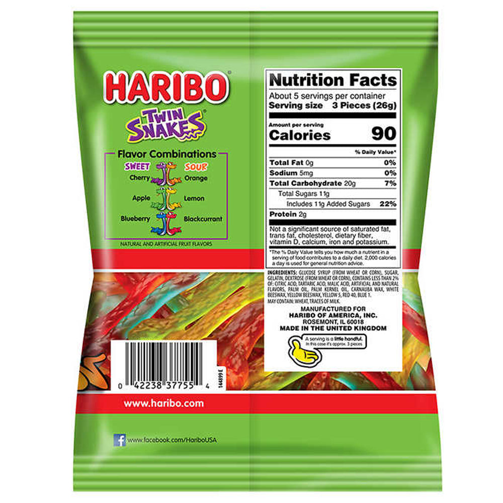 Haribo Twin Snakes Gummi Candy, Sweet & Sour, 5 oz, 12 ct