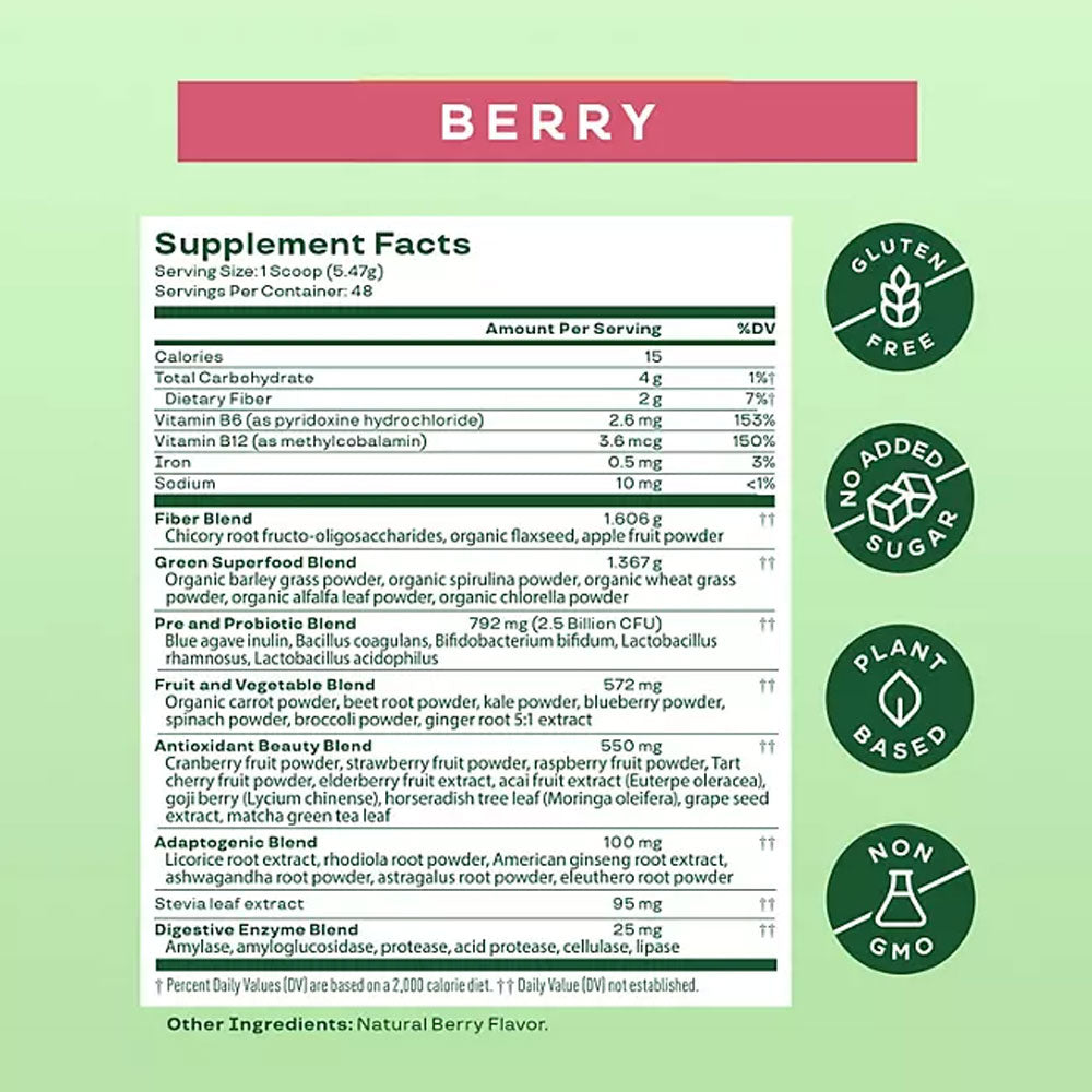 Bloom Nutrition Greens & Superfoods Powder, Berry 48 Servings, 9.2 oz.