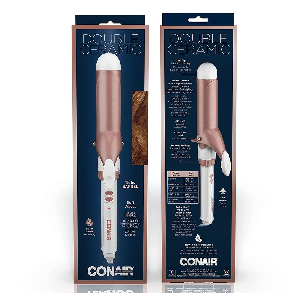 Conair Double Ceramic 1 1/2-Inch Curling Iron, 1 ½ inch barrel produces soft waves – for use on medium and long hair