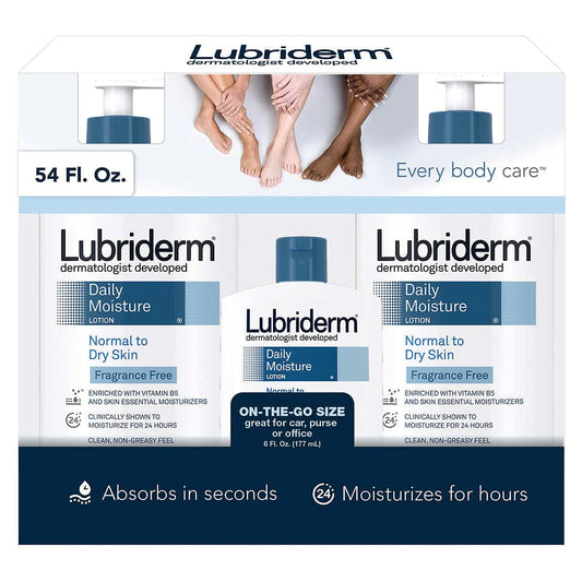 Lubriderm Daily Moisture Lotion, Fragrance Free 24 fl oz, 2-count + 6 fl oz Travel Size