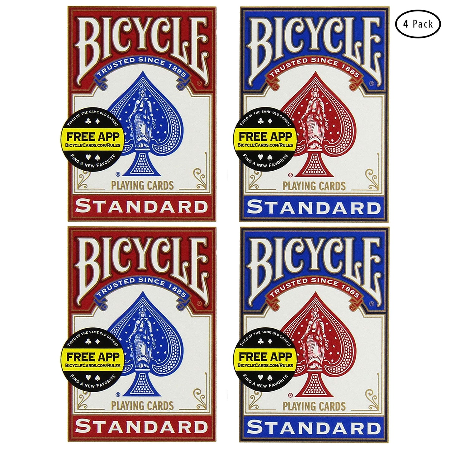Bicycle Poker Size Standard Index Playing Cards (4-Pack) [Colors May Vary: Red, Blue]