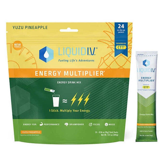 Liquid I.V. Energy Multiplier Yuzu Pineapple, 24 Individual Serving Stick Packs in Resealable Pouch